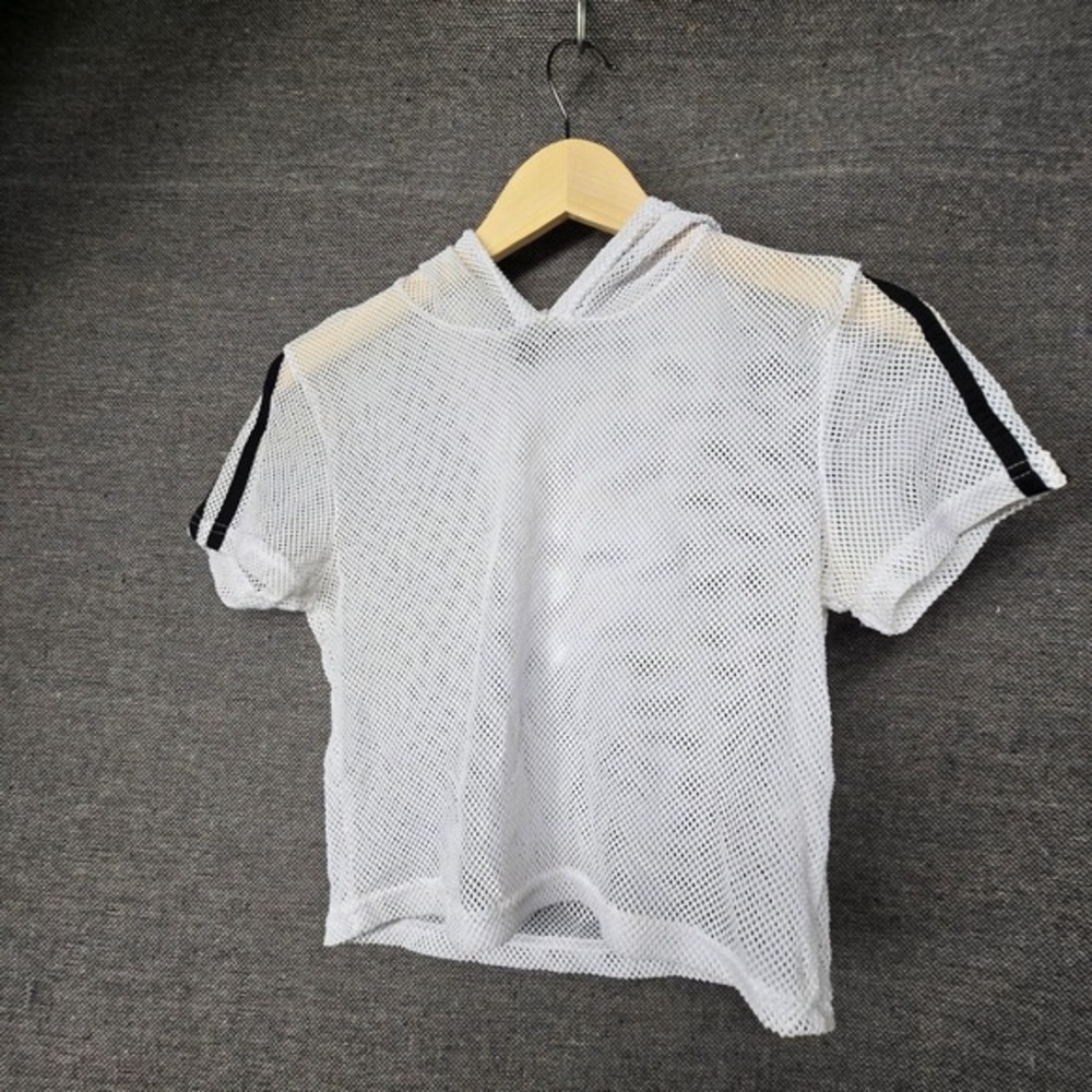 Peachy Girl White Mesh Short Sleeve Hoodie Striped Fishnet Crop Top Women Medium